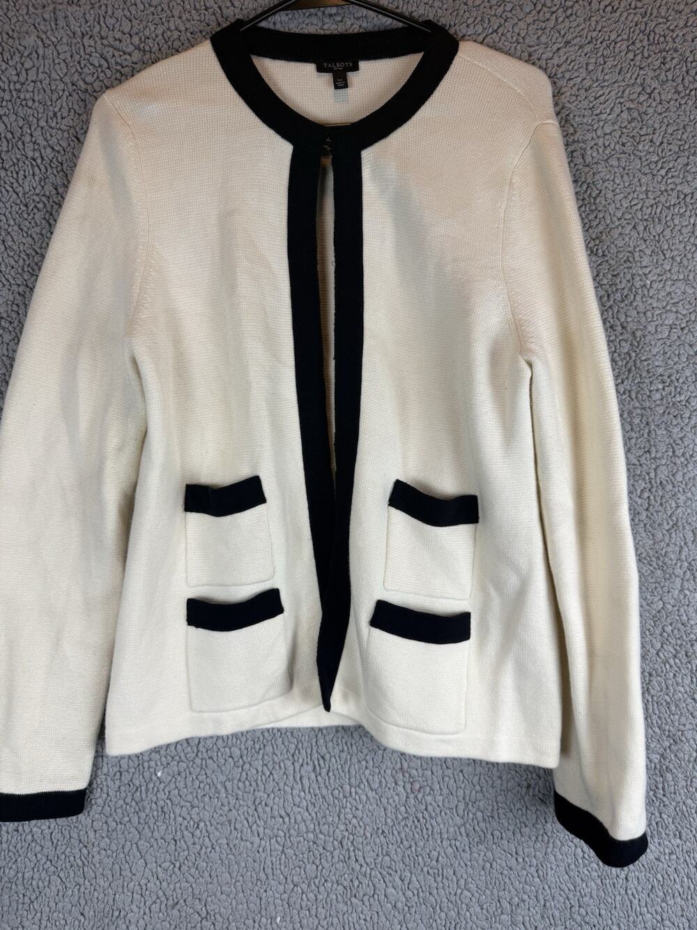 Talbots Women L P Ivory Black Tipped Open Front Cashmere Blend Cardigan Sweater